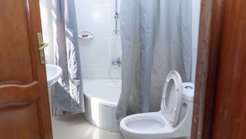 Hydromassage showerhead, designer toiletries, hair dryer, bathrobes