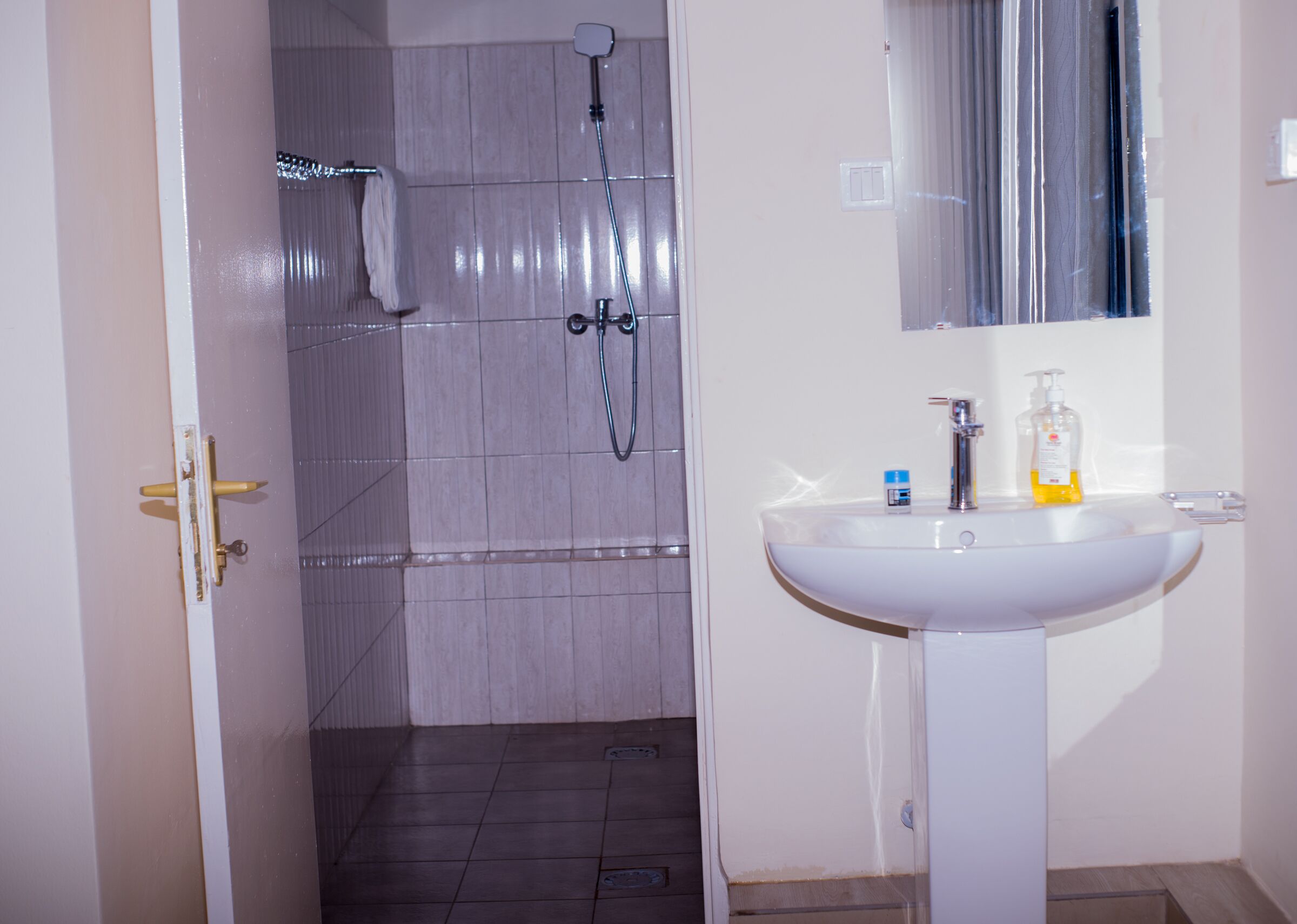 A bathroom with a shower, a sink, and a mirror.