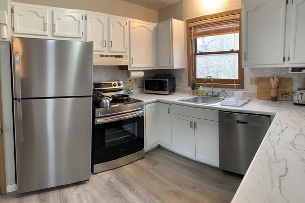 Frigorífico, microondas, horno y placa de cocina