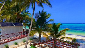 Une vue sur la plage, avec des palmiers, un bâtiment blanc doté de panneaux solaires et une enseigne indiquant : « The Zanzibar Beach ».