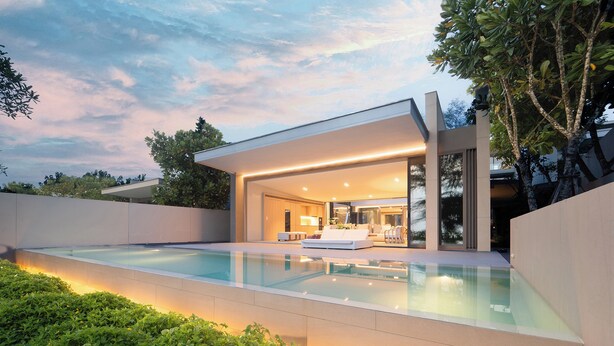 A modern house with a swimming pool, a patio, and a large glass door leading to a living area. - Veyla Natai Residence - Luxury Pool Villa  (Takua Thung)