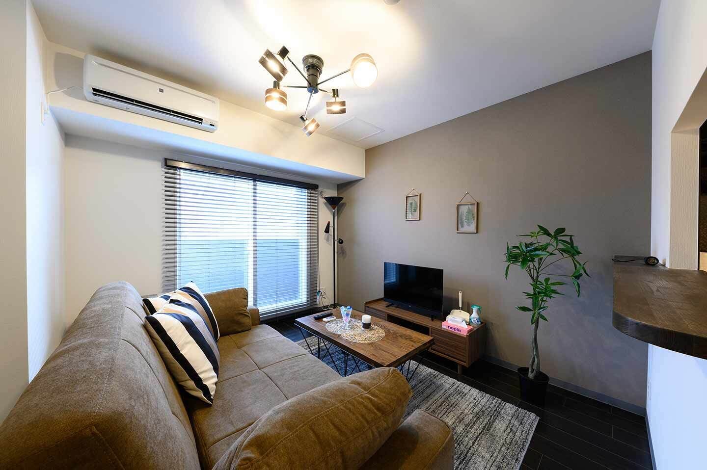 A living room with a sofa, a TV, a coffee table, and a plant.