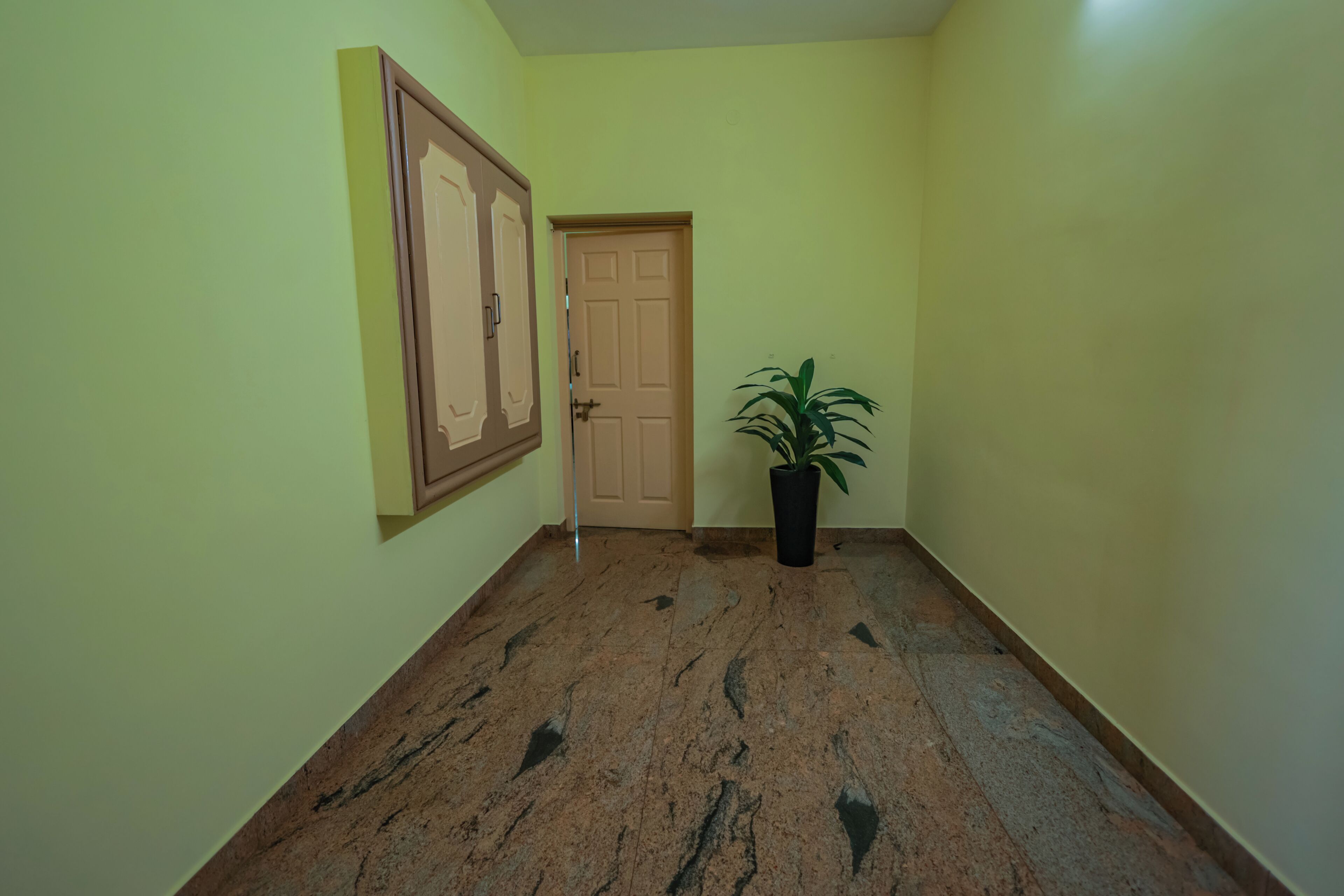 A hallway with a marble floor, a door, and a potted plant.