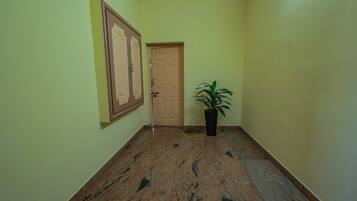 A hallway with a marble floor, a door, and a potted plant.