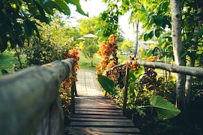 A wooden staircase leading through a garden with lush greenery and a pathway in the background. - Banlaw Pool & Garden (Puerto Princesa)