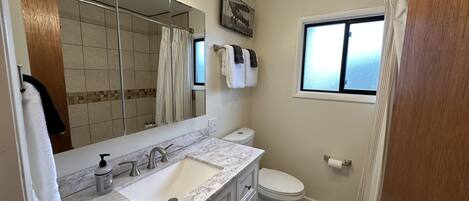 A bathroom with a marble sink, a large mirror, a toilet, and a window.