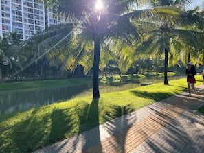 A park with a water body, palm trees, and a paved walkway.