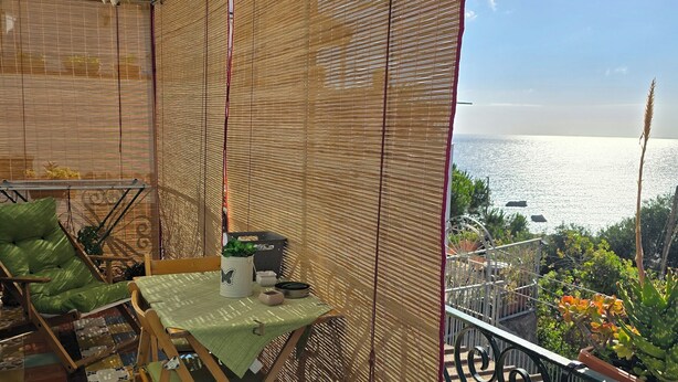 Ein Balkon mit Meerblick, ein Tisch mit einer Pflanze und ein Stuhl.