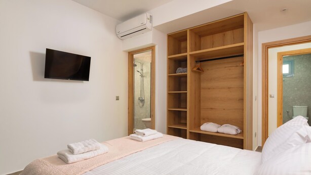 Un dormitorio con cama, televisor, vestidor y ducha.