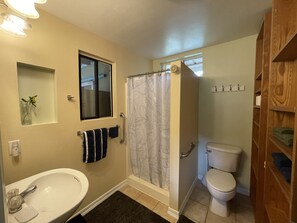 Shower, hair dryer, towels, soap