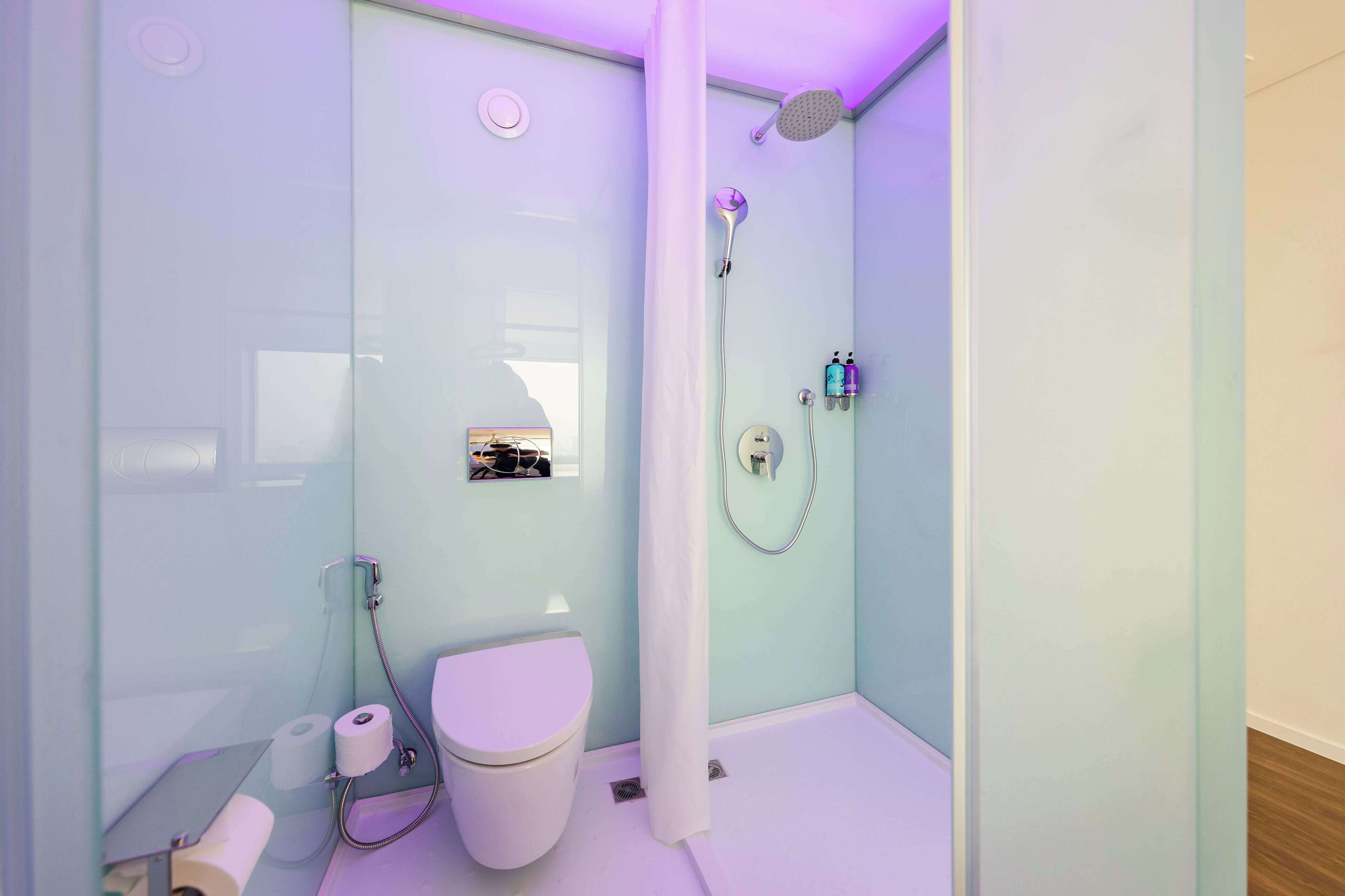 A modern bathroom with a glass shower enclosure, a toilet, and a small shelf with toiletries.