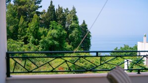 Un balcon avec vue sur une forêt et la mer.