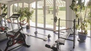 A gym with cardio equipment, weightlifting stations, and large windows offering a view of the outdoors. - Alysson Hôtel (Oloron-Sainte-Marie)