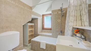 Combined shower/bathtub, hair dryer, bidet, towels