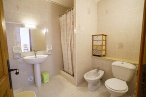 Shower, hair dryer, bidet, towels