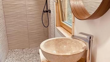 Shower, rainfall showerhead, towels, soap