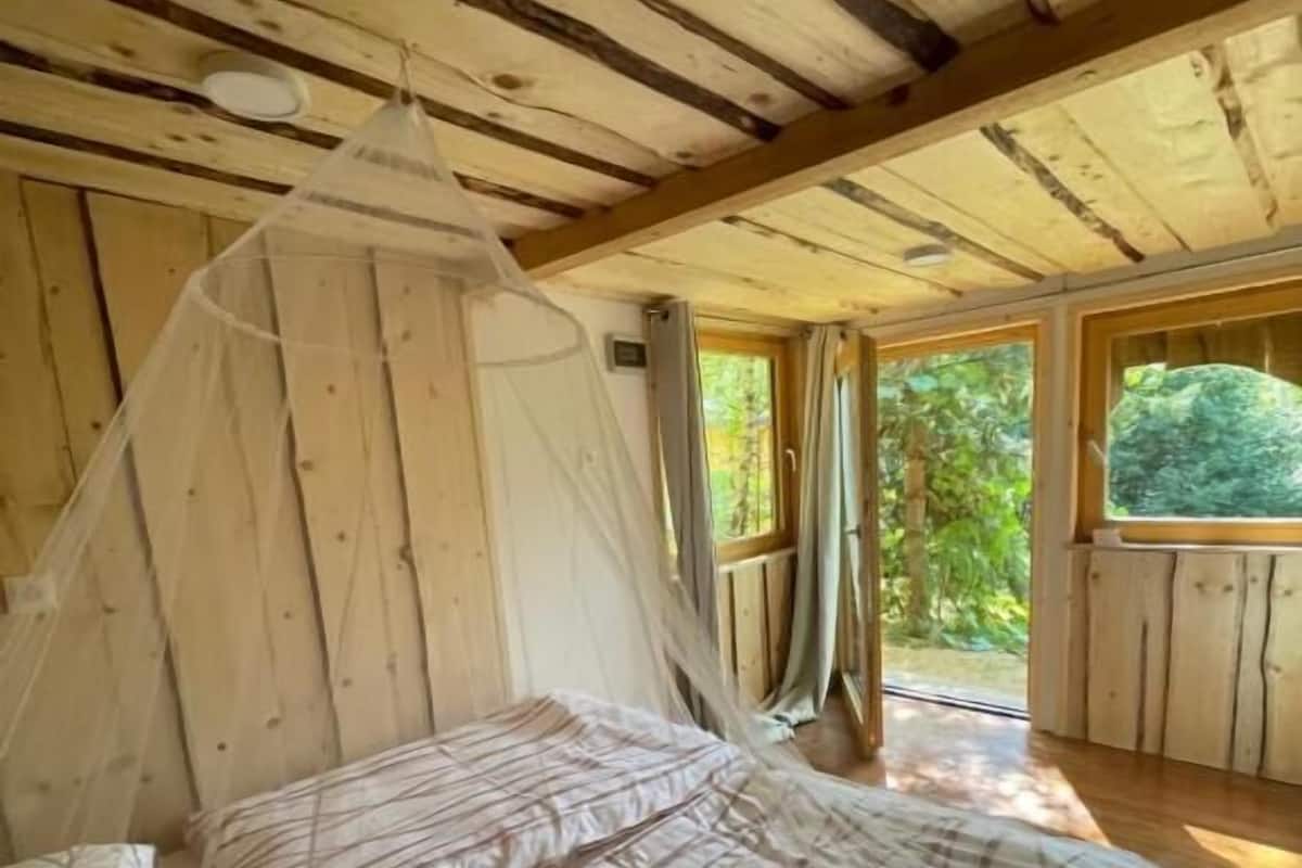 A wooden cabin bedroom with a bed, a mosquito net, and large windows.
