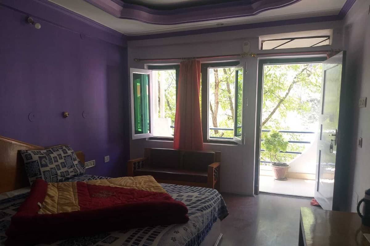 A bedroom with a bed, a chair, a desk, and a balcony with a potted plant.