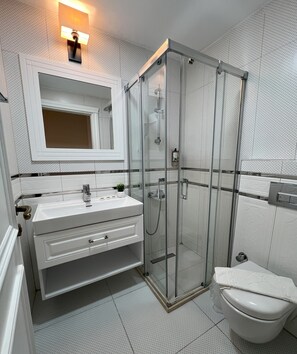 Et moderne badeværelse med en brusekabine i glas, en hvid vask med spejl over, og et toilet.