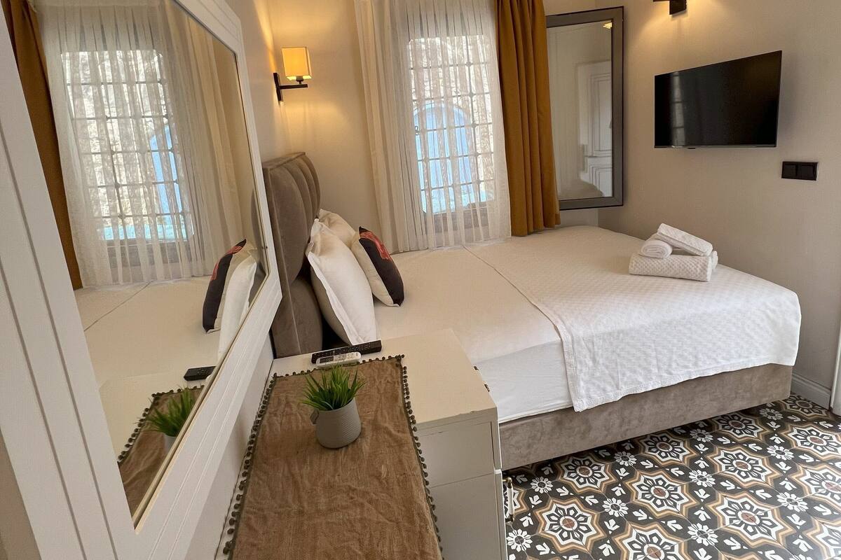 Une chambre d’hôtel avec un lit, une table de chevet agrémentée d’une plante, un miroir, un téléviseur fixé au mur et un revêtement de sol à motifs.