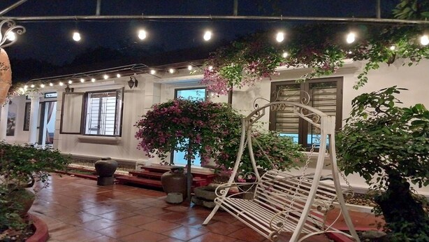 Un espace patio avec une balançoire en métal blanche, des plantes en pot et un sol carrelé.