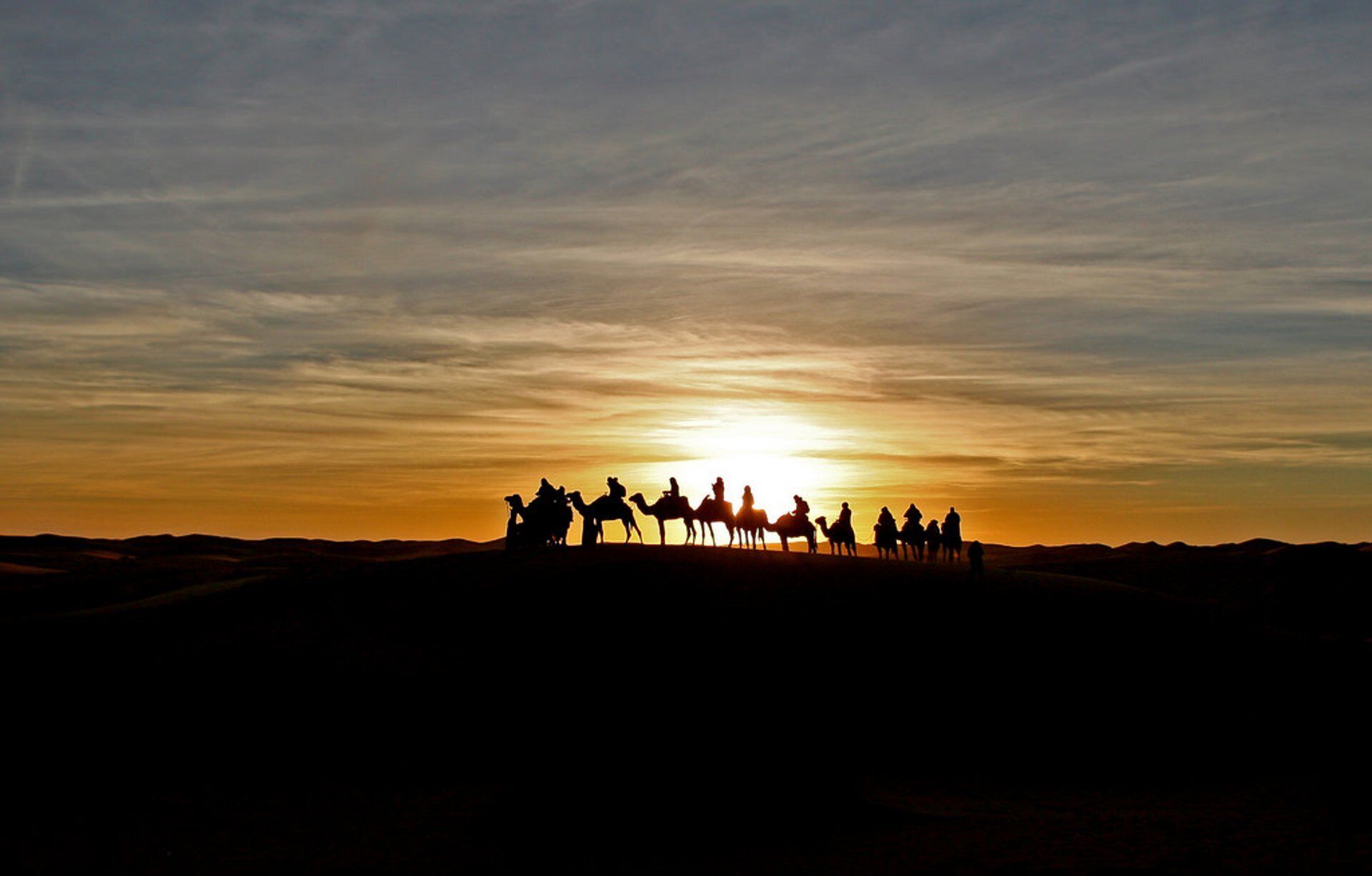 Silhouetten van mensen op kamelen voor een zonsondergang.