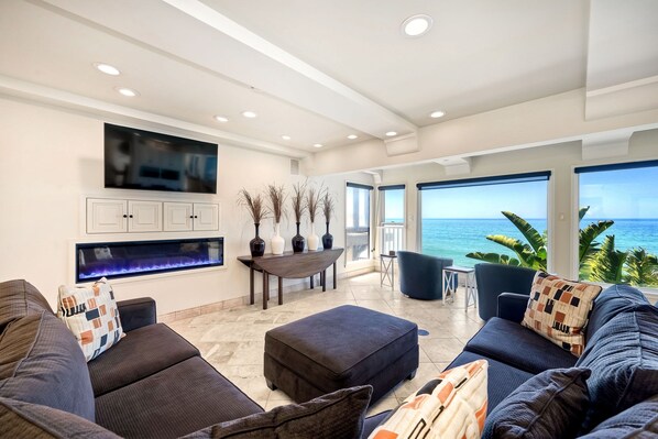 Smart TV, fireplace, books