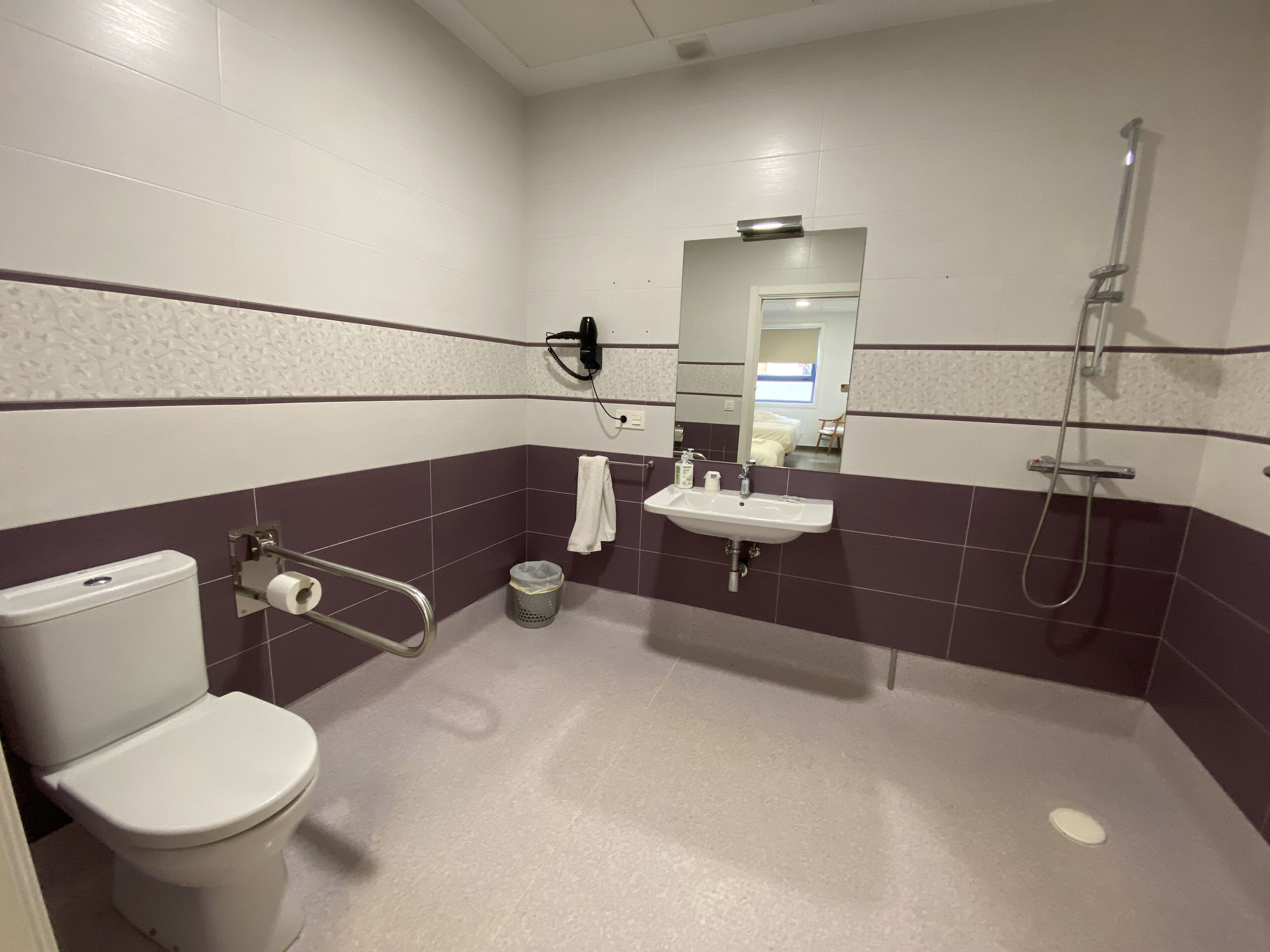 Een badkamer met toilet, wastafel en douche.