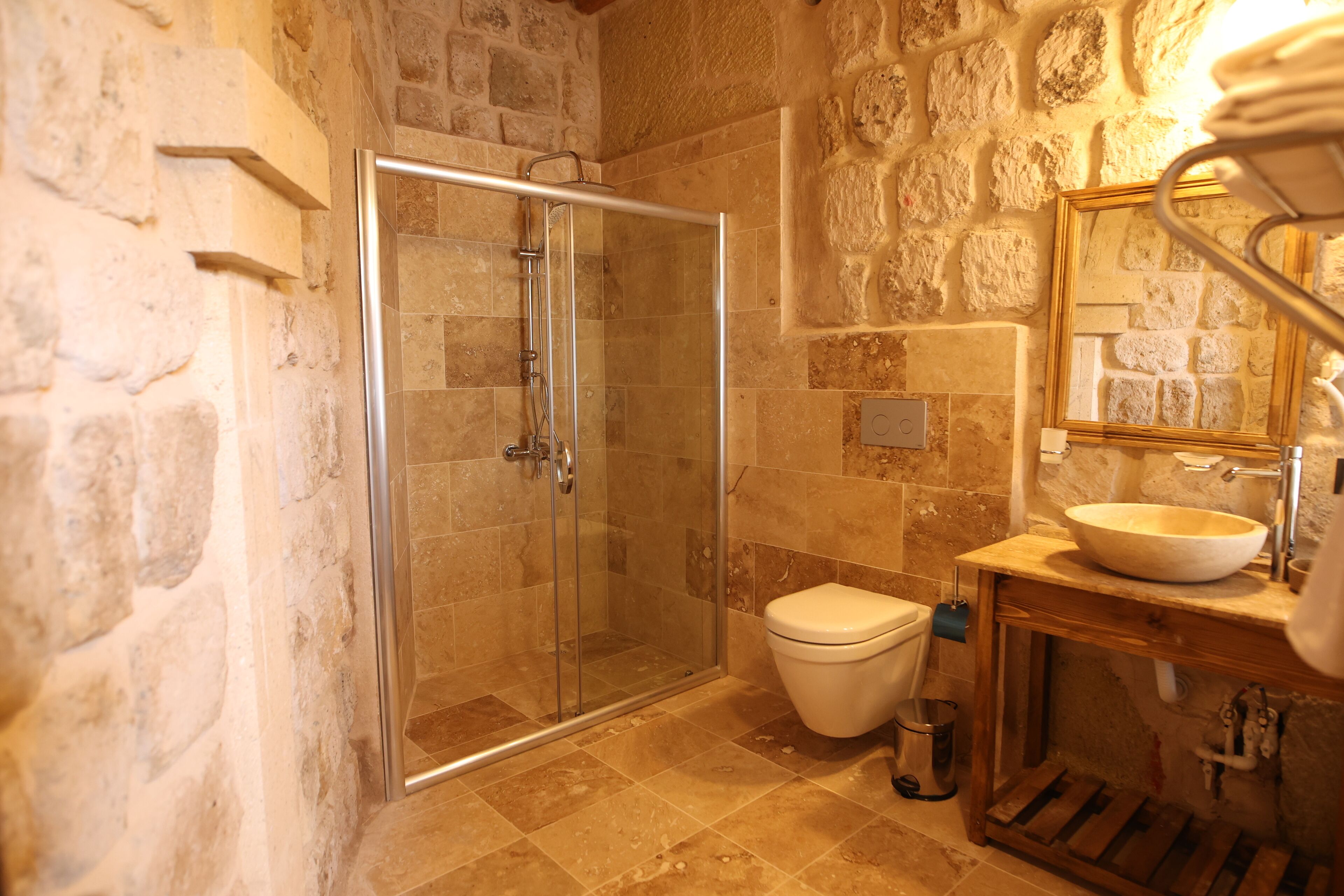 Une salle de bain avec une douche à parois de verre, des toilettes blanches et un meuble-lavabo en bois avec un évier.