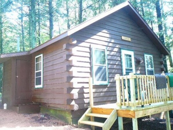 Escape to a secluded cabin surrounded by a natural forest, perfect for outdoor activities on the front deck.
