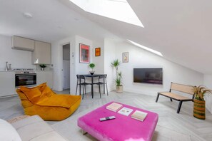 Basic Apartment, 2 Double Beds | Living area | TV - Chic & Modern 2BD Maisonette in Homerton (London)