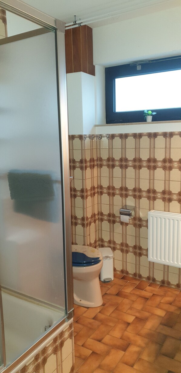 Un baño con inodoro, radiador y ventana.