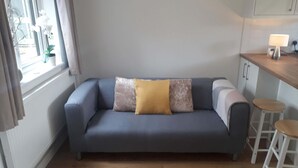 Un salon moderne avec un canapé gris, deux coussins, une fenêtre avec des rideaux, un radiateur, un plancher en bois et un coin cuisine avec des tabourets.
