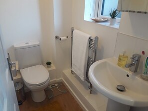 Hair dryer, towels, soap, shampoo
