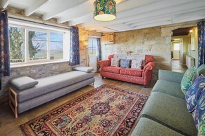 Televisio, takka, kirjoja, työhuone