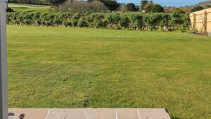 A grassy outdoor area with a stone patio, a vineyard in the background, and a view of the sea.