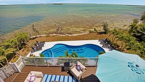 A swimming pool with lounge chairs and umbrellas on a deck overlooking a body of water. - **BLUE HORIZON @ SUGARLOAF SHORES** Home + Last Key White Glove Service... (Sugarloaf Key)
