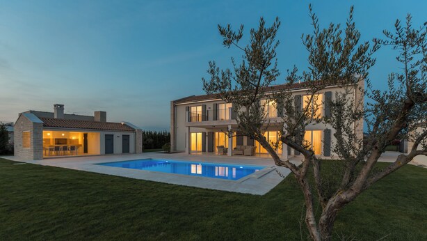 A two-story house with a swimming pool, a lawn, and a tree in the foreground. - Villa Villa Borgonja (Istria - Brtonigla) (Brtonigla)