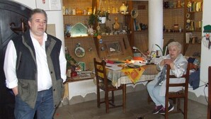 Una habitación con una mesa de comedor, sillas, un gato y estantes con diversos objetos.