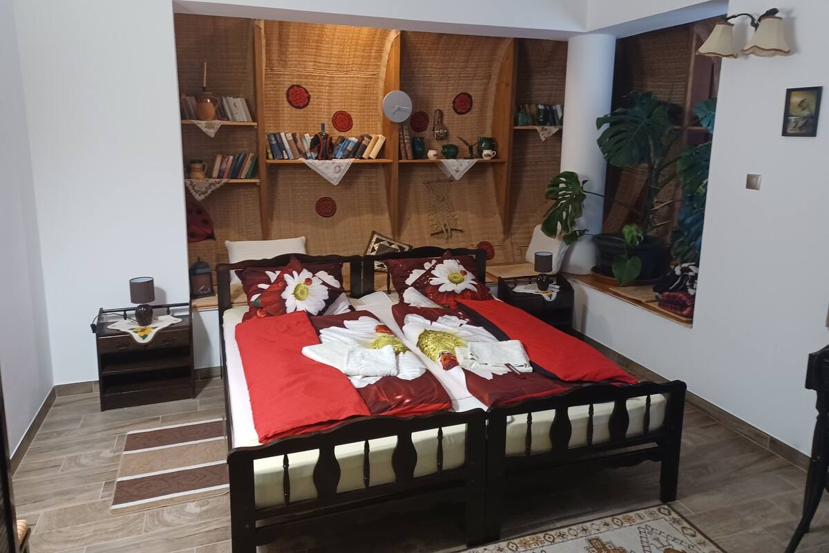 A bedroom with a wooden bed, a bedside table, a nightstand, a bookshelf, and a potted plant.