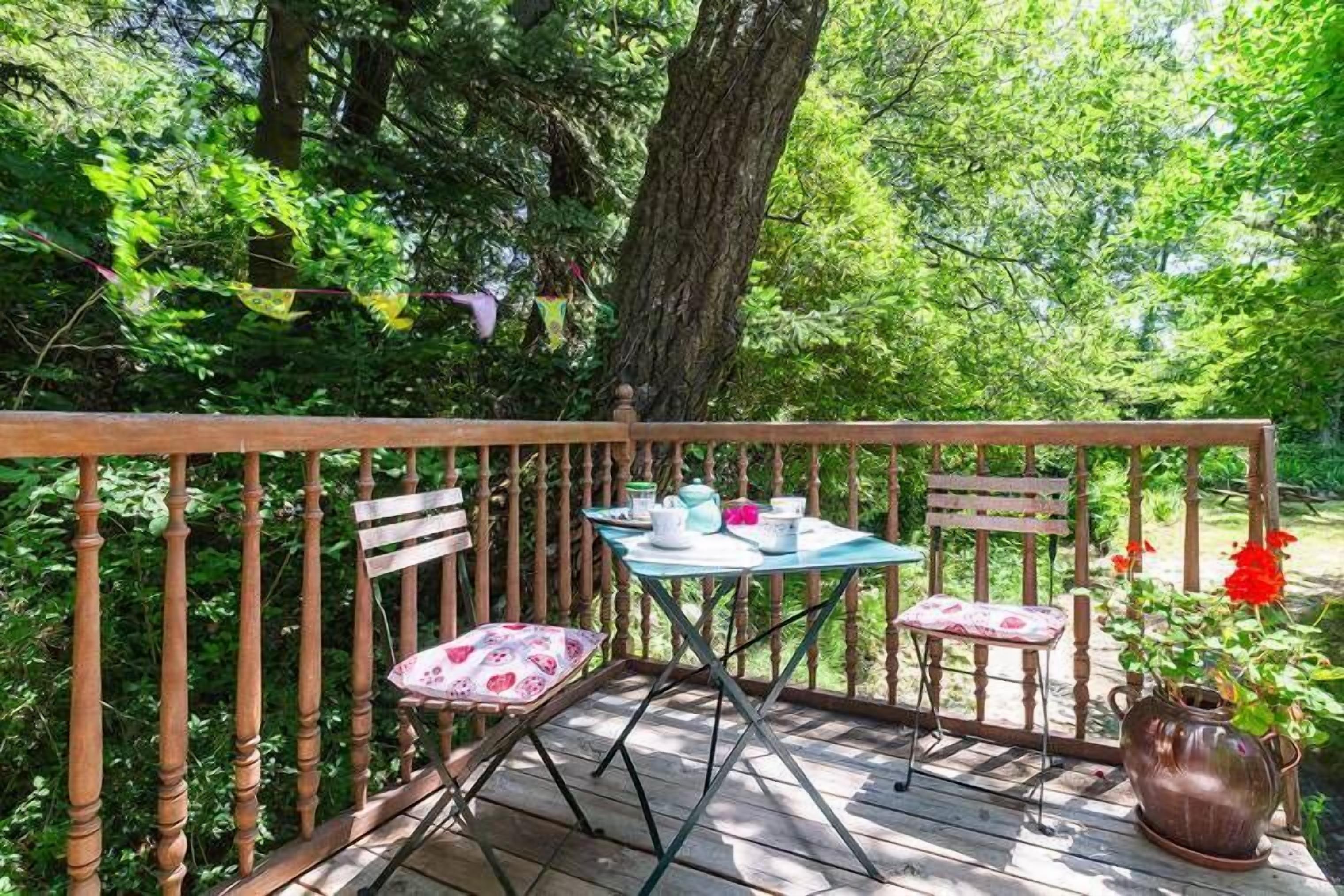 Une terrasse extérieure avec une table et des chaises, entourée d’une végétation luxuriante et d’arbres.