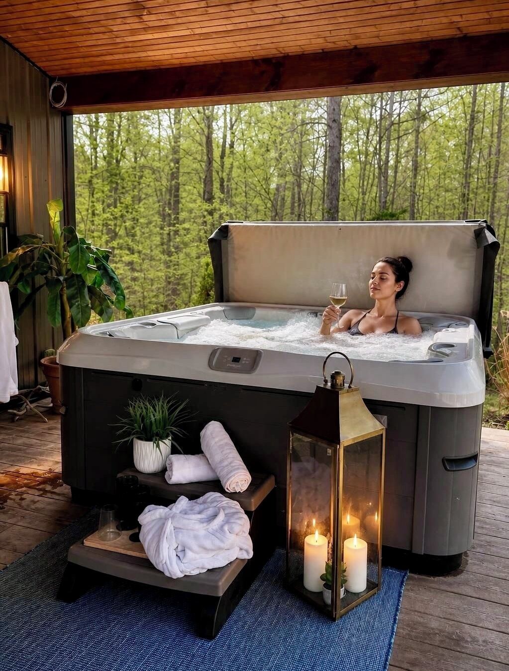 Ein Whirlpool mit einer entspannten Frau, umgeben von Pflanzen und Kerzen, auf einer Holzterrasse mit Blick auf einen Wald.
