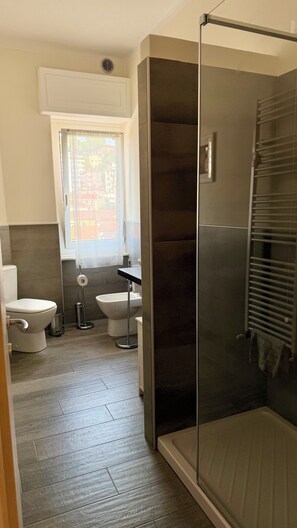 Een douche, een haardroger, een bidet, handdoeken