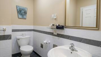 Une salle de bain comprenant des toilettes, un lavabo, un miroir et un élément décoratif mural.