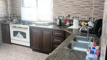 Fridge, oven, cookware/dishes/utensils, paper towels