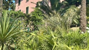 A pink villa with a balcony, surrounded by lush greenery and tall trees. - Incredible villa facing Portofino (Zoagli)