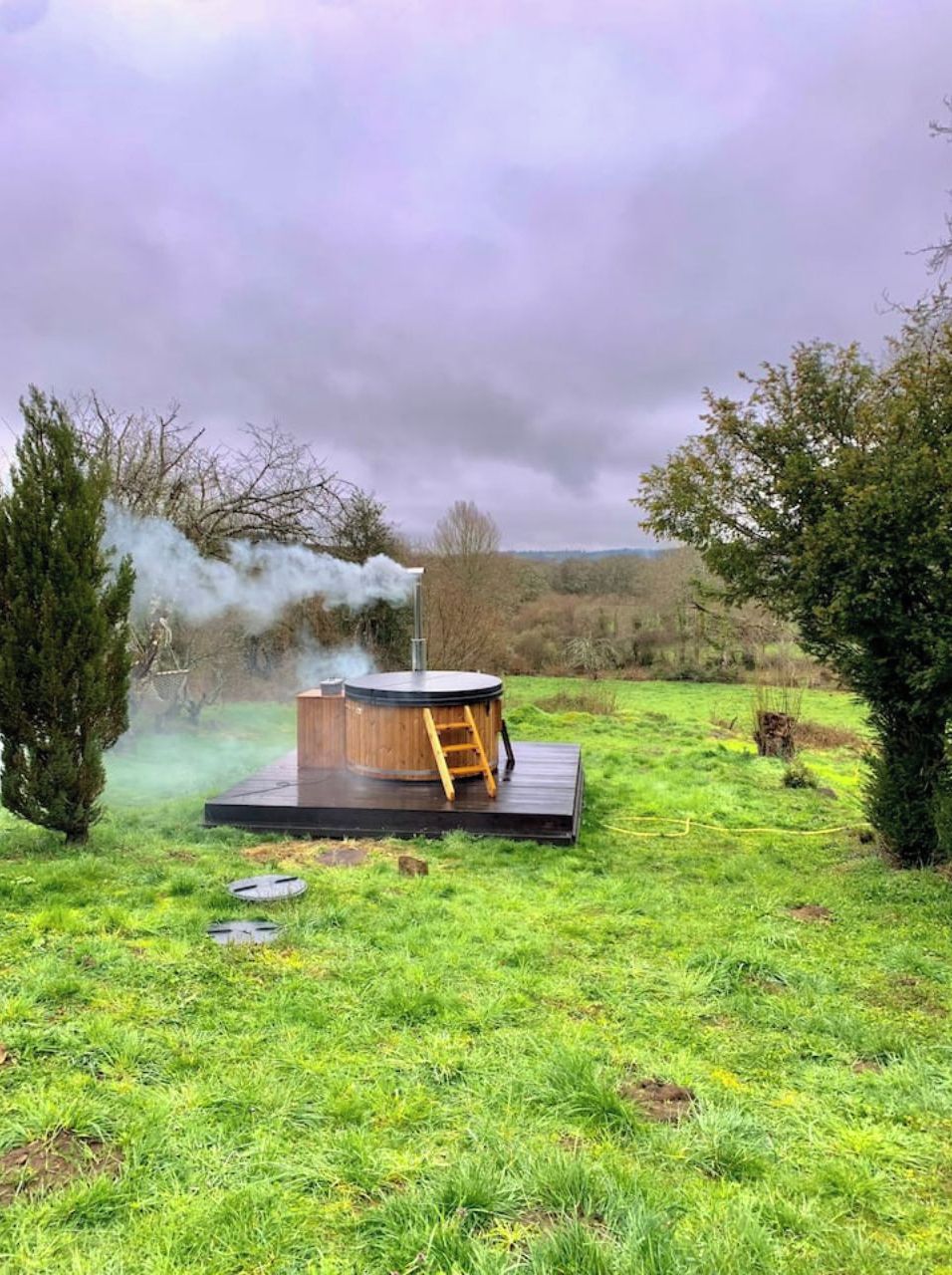 Een hottub met een houten buitenkant en een trap, omgeven door een gazon met bomen en een bewolkte lucht.