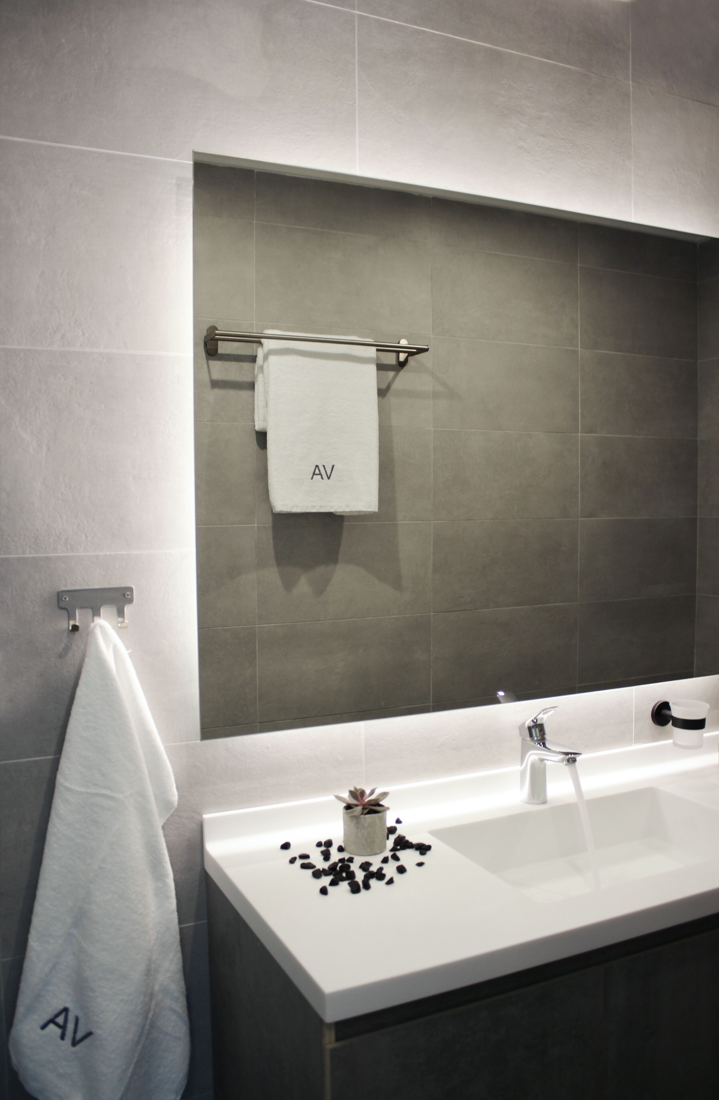 A modern bathroom with a white sink, a towel rack with a towel labeled "AV", and a small plant on the sink.