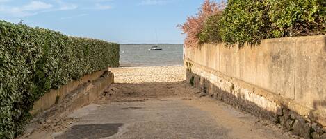 A pathway leading to a beach with a boat in the distance.