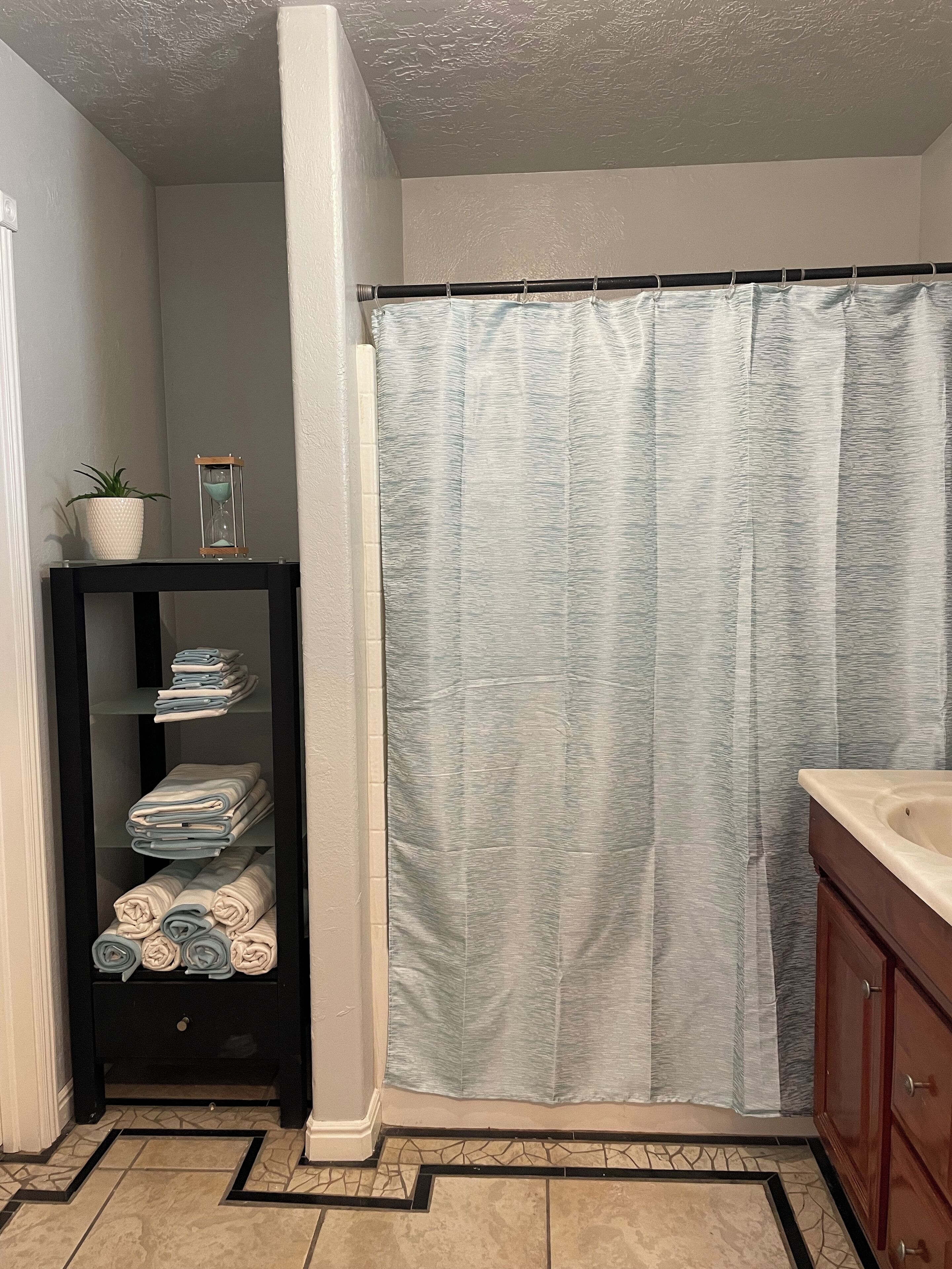 Hair dryer, towels, soap, shampoo